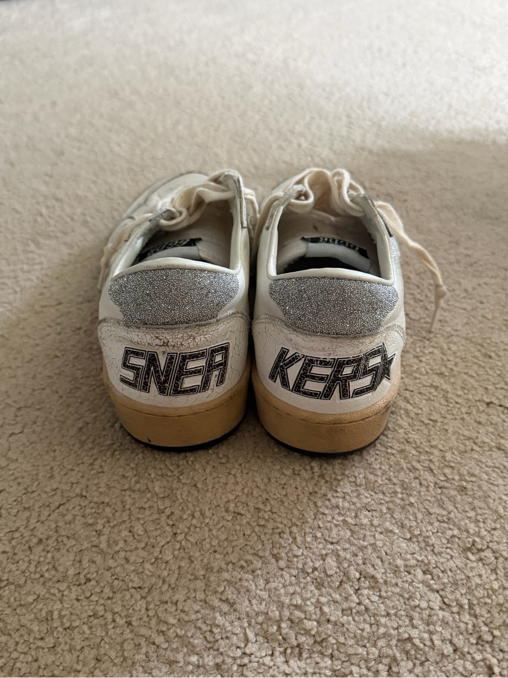 Golden Goose White Ball Star Leather Sneakers with Silver Glitter Star Accent - Picture 3 of 8